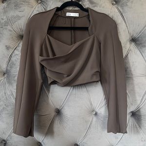 Zara Cropped Draped Long-Sleeve Top in Taupe